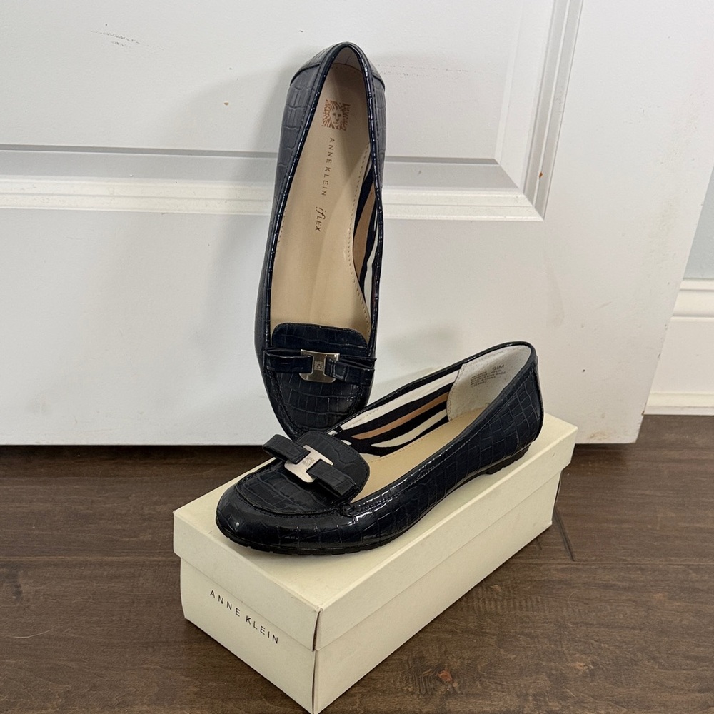 Anne Klein Black Croc-Embossed Loafers with Silver Buckle